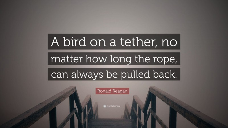 Ronald Reagan Quote: “A bird on a tether, no matter how long the rope, can always be pulled back.”