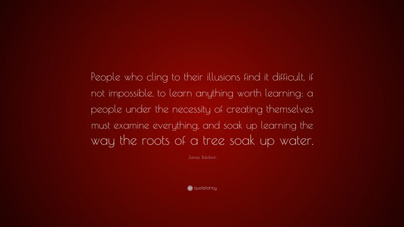 James Baldwin Quote: “People who cling to their illusions find it difficult, if not impossible, to learn anything worth learning: a people under the necessity of creating themselves must examine everything, and soak up learning the way the roots of a tree soak up water.”