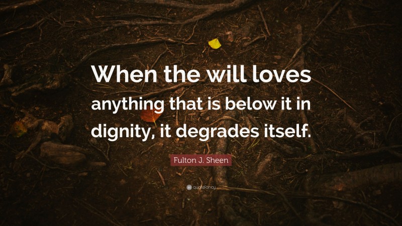 Fulton J. Sheen Quote: “When the will loves anything that is below it in dignity, it degrades itself.”