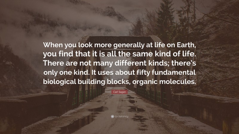 Carl Sagan Quote: “When you look more generally at life on Earth, you find that it is all the same kind of life. There are not many different kinds; there’s only one kind. It uses about fifty fundamental biological building blocks, organic molecules.”