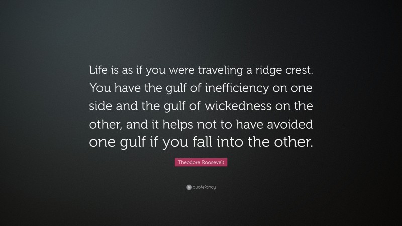 Theodore Roosevelt Quote: “Life is as if you were traveling a ridge crest. You have the gulf of inefficiency on one side and the gulf of wickedness on the other, and it helps not to have avoided one gulf if you fall into the other.”