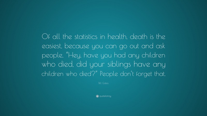 Bill Gates Quote: “Of all the statistics in health, death is the easiest, because you can go out and ask people, “Hey, have you had any children who died, did your siblings have any children who died?” People don’t forget that.”