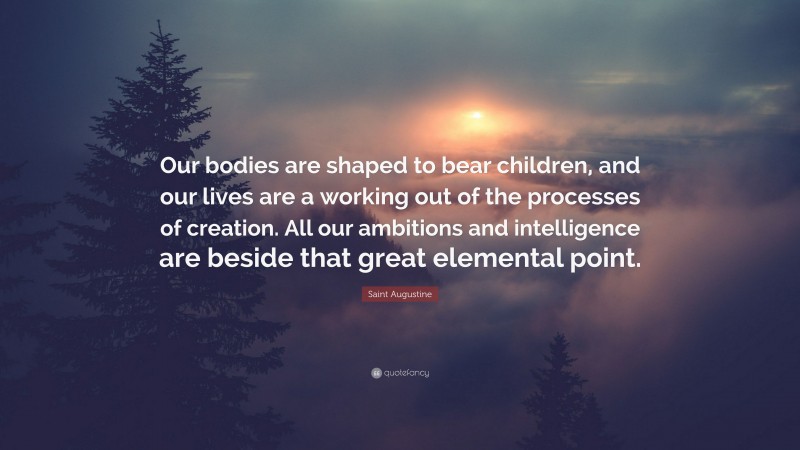 Saint Augustine Quote: “Our bodies are shaped to bear children, and our lives are a working out of the processes of creation. All our ambitions and intelligence are beside that great elemental point.”