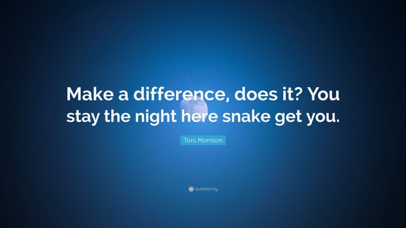 Toni Morrison Quote: “Make a difference, does it? You stay the night here snake get you.”