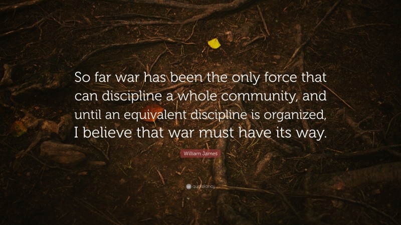 William James Quote: “So far war has been the only force that can discipline a whole community, and until an equivalent discipline is organized, I believe that war must have its way.”