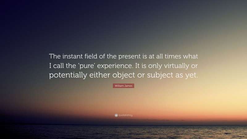 William James Quote: “The instant field of the present is at all times what I call the ‘pure’ experience. It is only virtually or potentially either object or subject as yet.”