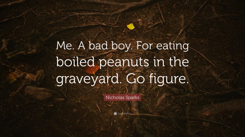 Nicholas Sparks Quote: “Me. A bad boy. For eating boiled peanuts in the graveyard. Go figure.”