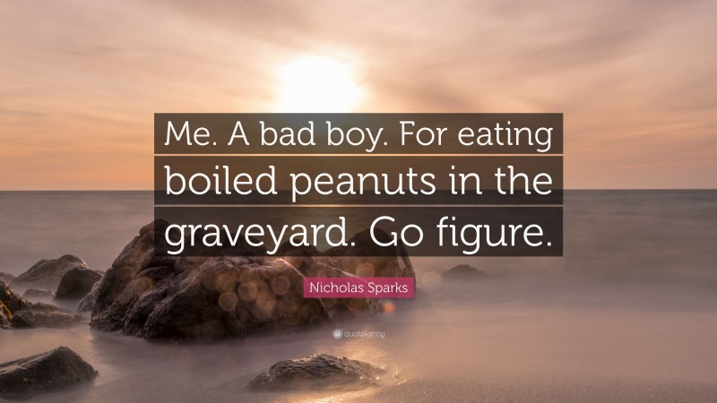 Nicholas Sparks Quote: “Me. A bad boy. For eating boiled peanuts in the graveyard. Go figure.”