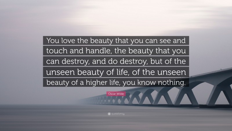 Oscar Wilde Quote: “You love the beauty that you can see and touch and handle, the beauty that you can destroy, and do destroy, but of the unseen beauty of life, of the unseen beauty of a higher life, you know nothing.”