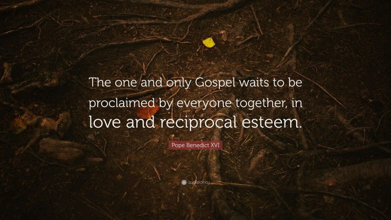 Pope Benedict XVI Quote: “The one and only Gospel waits to be proclaimed by everyone together, in love and reciprocal esteem.”