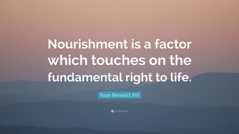 Pope Benedict XVI Quote: “Nourishment is a factor which touches on the fundamental right to life.”
