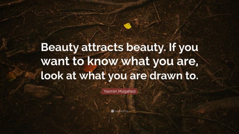 Yasmin Mogahed Quote: “Beauty attracts beauty. If you want to know what you are, look at what you are drawn to.”