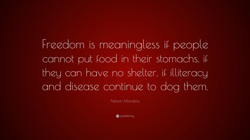 Nelson Mandela Quote: “Freedom is meaningless if people cannot put food in their stomachs, if they can have no shelter, if illiteracy and disease continue to dog them.”