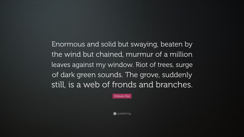 Octavio Paz Quote: “Enormous and solid but swaying, beaten by the wind but chained, murmur of a million leaves against my window. Riot of trees, surge of dark green sounds. The grove, suddenly still, is a web of fronds and branches.”