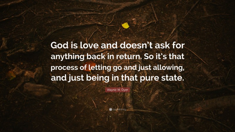 Wayne W. Dyer Quote: “God is love and doesn’t ask for anything back in return. So it’s that process of letting go and just allowing, and just being in that pure state.”