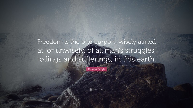 Thomas Carlyle Quote: “Freedom is the one purport, wisely aimed at, or unwisely, of all man’s struggles, toilings and sufferings, in this earth.”