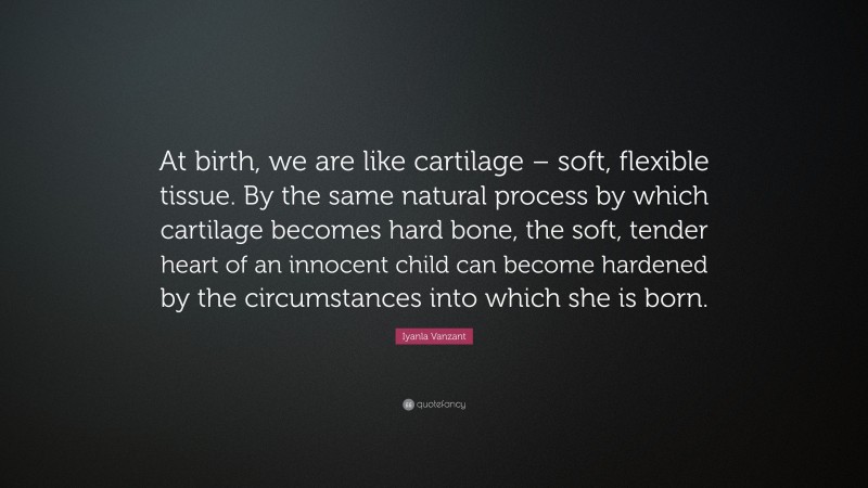Iyanla Vanzant Quote: “At birth, we are like cartilage – soft, flexible tissue. By the same natural process by which cartilage becomes hard bone, the soft, tender heart of an innocent child can become hardened by the circumstances into which she is born.”