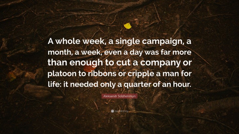 Aleksandr Solzhenitsyn Quote: “A whole week, a single campaign, a month, a week, even a day was far more than enough to cut a company or platoon to ribbons or cripple a man for life: it needed only a quarter of an hour.”