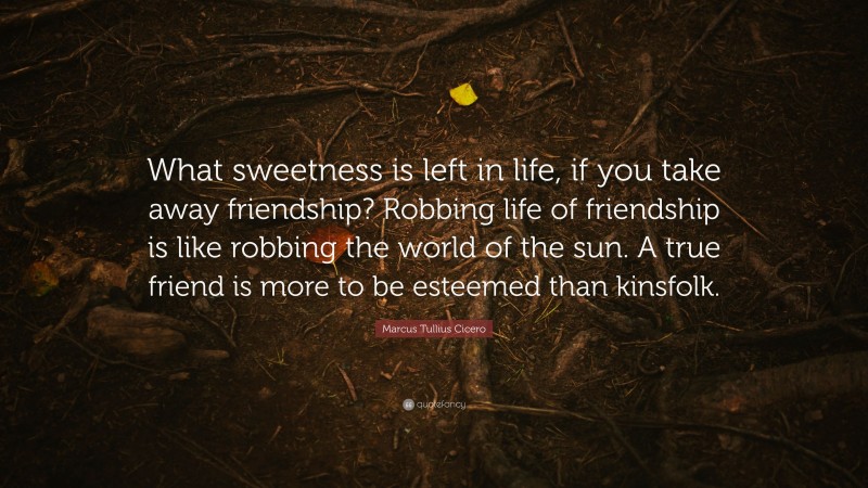 Marcus Tullius Cicero Quote: “What sweetness is left in life, if you take away friendship? Robbing life of friendship is like robbing the world of the sun. A true friend is more to be esteemed than kinsfolk.”