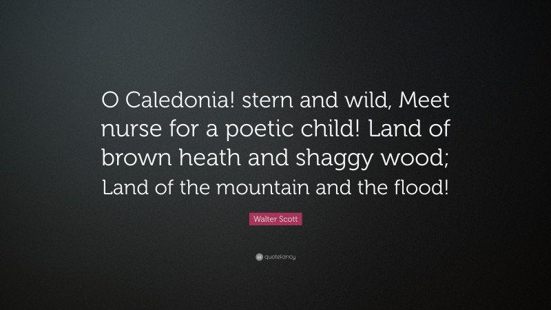 Walter Scott Quote: “O Caledonia! stern and wild, Meet nurse for a poetic child! Land of brown heath and shaggy wood; Land of the mountain and the flood!”