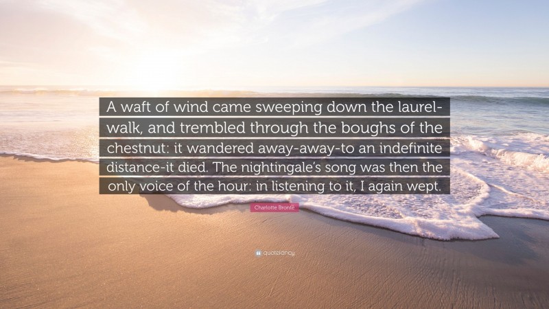 Charlotte Brontë Quote: “A waft of wind came sweeping down the laurel-walk, and trembled through the boughs of the chestnut: it wandered away-away-to an indefinite distance-it died. The nightingale’s song was then the only voice of the hour: in listening to it, I again wept.”