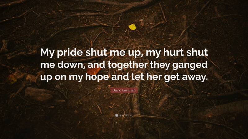 David Levithan Quote: “My pride shut me up, my hurt shut me down, and together they ganged up on my hope and let her get away.”