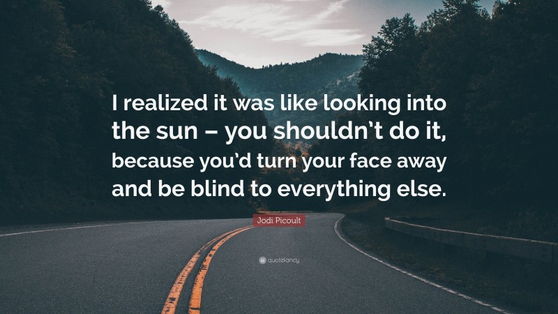 Jodi Picoult Quote: “I realized it was like looking into the sun – you shouldn’t do it, because you’d turn your face away and be blind to everything else.”