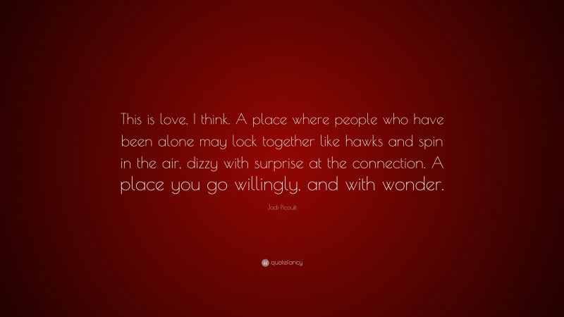 Jodi Picoult Quote: “This is love, I think. A place where people who have been alone may lock together like hawks and spin in the air, dizzy with surprise at the connection. A place you go willingly, and with wonder.”