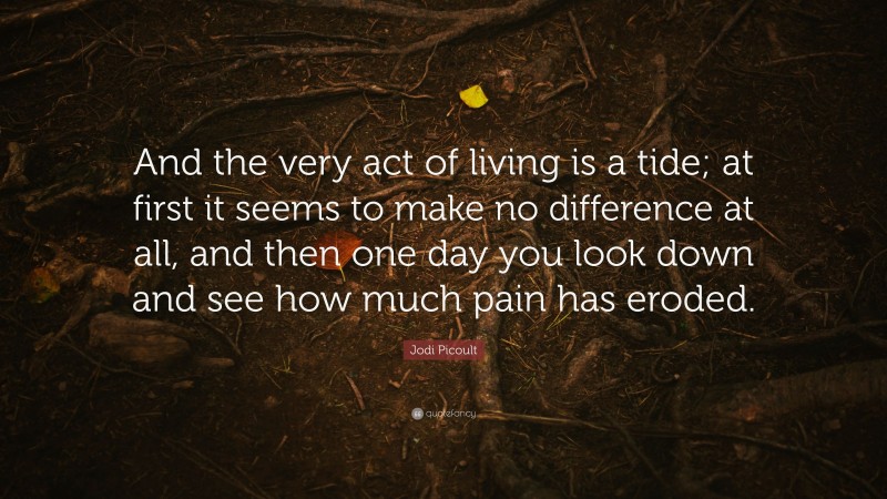 Jodi Picoult Quote: “And the very act of living is a tide; at first it seems to make no difference at all, and then one day you look down and see how much pain has eroded.”