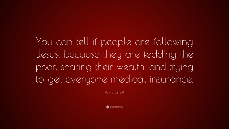 Anne Lamott Quote: “You can tell if people are following Jesus, because they are fedding the poor, sharing their wealth, and trying to get everyone medical insurance.”