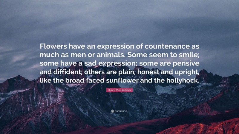Henry Ward Beecher Quote: “Flowers have an expression of countenance as much as men or animals. Some seem to smile; some have a sad expression; some are pensive and diffident; others are plain, honest and upright, like the broad faced sunflower and the hollyhock.”