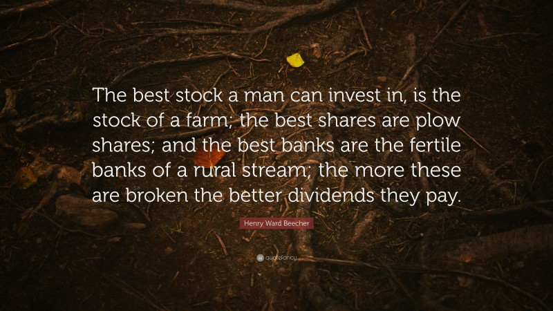 Henry Ward Beecher Quote: “The best stock a man can invest in, is the stock of a farm; the best shares are plow shares; and the best banks are the fertile banks of a rural stream; the more these are broken the better dividends they pay.”
