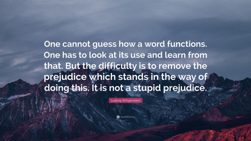Ludwig Wittgenstein Quote: “One cannot guess how a word functions. One has to look at its use and learn from that. But the difficulty is to remove the prejudice which stands in the way of doing this. It is not a stupid prejudice.”