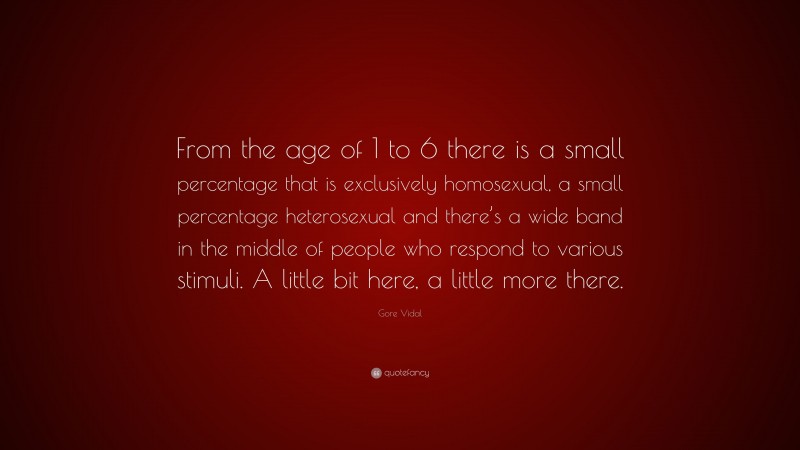 Gore Vidal Quote: “From the age of 1 to 6 there is a small percentage that is exclusively homosexual, a small percentage heterosexual and there’s a wide band in the middle of people who respond to various stimuli. A little bit here, a little more there.”