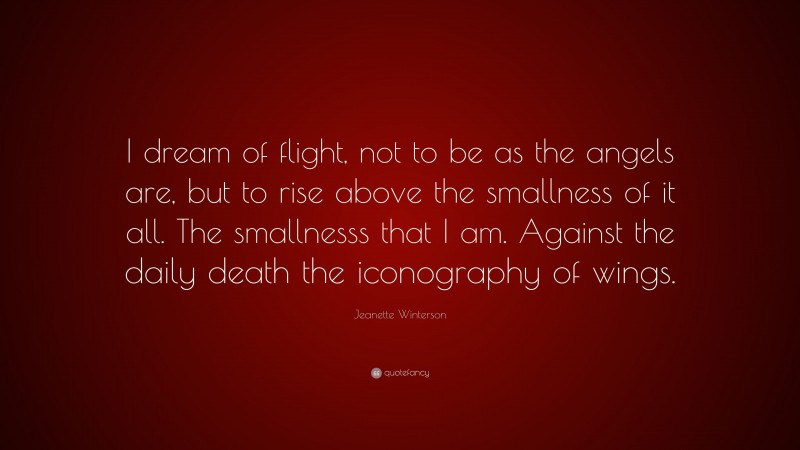 Jeanette Winterson Quote: “I dream of flight, not to be as the angels are, but to rise above the smallness of it all. The smallnesss that I am. Against the daily death the iconography of wings.”