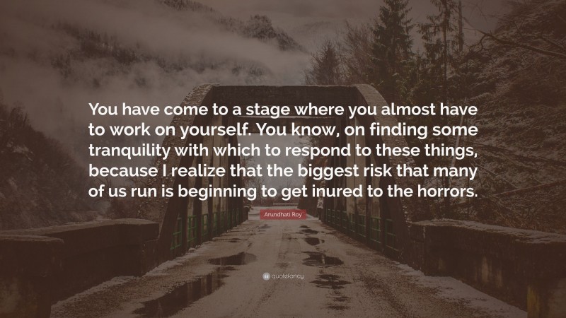 Arundhati Roy Quote: “You have come to a stage where you almost have to work on yourself. You know, on finding some tranquility with which to respond to these things, because I realize that the biggest risk that many of us run is beginning to get inured to the horrors.”