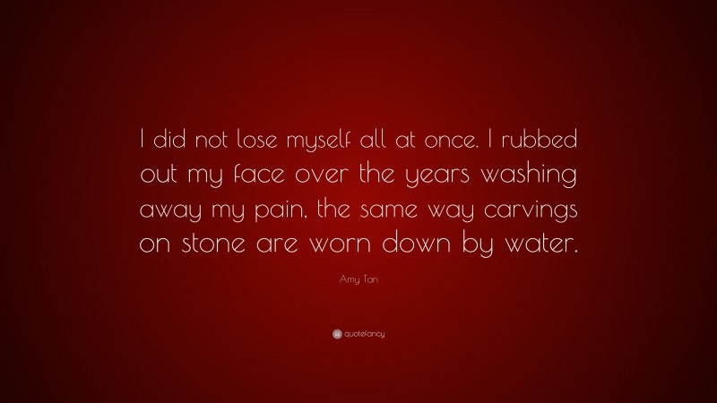 Amy Tan Quote: “I did not lose myself all at once. I rubbed out my face over the years washing away my pain, the same way carvings on stone are worn down by water.”