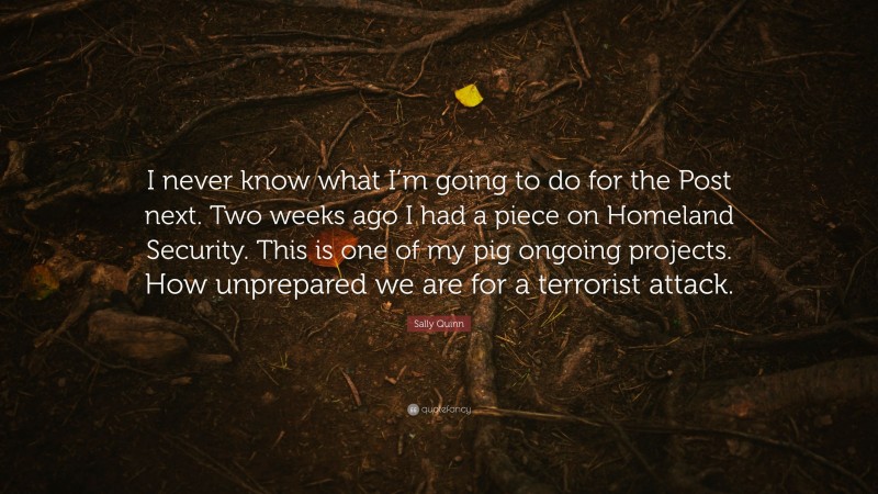 Sally Quinn Quote: “I never know what I’m going to do for the Post next. Two weeks ago I had a piece on Homeland Security. This is one of my pig ongoing projects. How unprepared we are for a terrorist attack.”