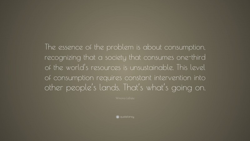 Winona LaDuke Quote: “The essence of the problem is about consumption, recognizing that a society that consumes one-third of the world’s resources is unsustainable. This level of consumption requires constant intervention into other people’s lands. That’s what’s going on.”