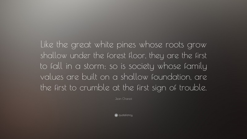 Jean Charest Quote: “Like the great white pines whose roots grow shallow under the forest floor, they are the first to fall in a storm; so is society whose family values are built on a shallow foundation, are the first to crumble at the first sign of trouble.”
