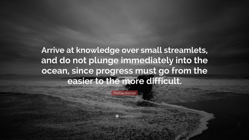 Thomas Aquinas Quote: “Arrive at knowledge over small streamlets, and do not plunge immediately into the ocean, since progress must go from the easier to the more difficult.”