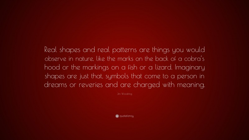 Jim Woodring Quote: “Real shapes and real patterns are things you would observe in nature, like the marks on the back of a cobra’s hood or the markings on a fish or a lizard. Imaginary shapes are just that, symbols that come to a person in dreams or reveries and are charged with meaning.”