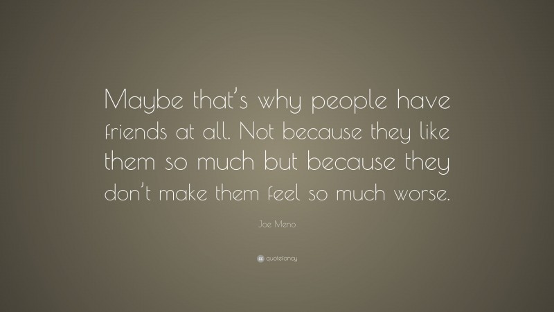 Joe Meno Quote: “Maybe that’s why people have friends at all. Not because they like them so much but because they don’t make them feel so much worse.”