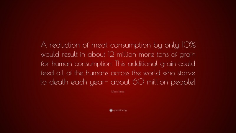 Marc Bekoff Quote: “A reduction of meat consumption by only 10% would result in about 12 million more tons of grain for human consumption. This additional grain could feed all of the humans across the world who starve to death each year- about 60 million people!”