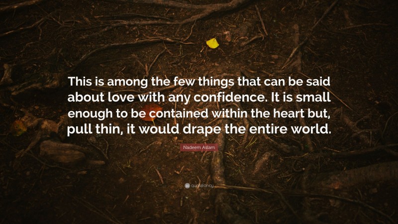 Nadeem Aslam Quote: “This is among the few things that can be said about love with any confidence. It is small enough to be contained within the heart but, pull thin, it would drape the entire world.”