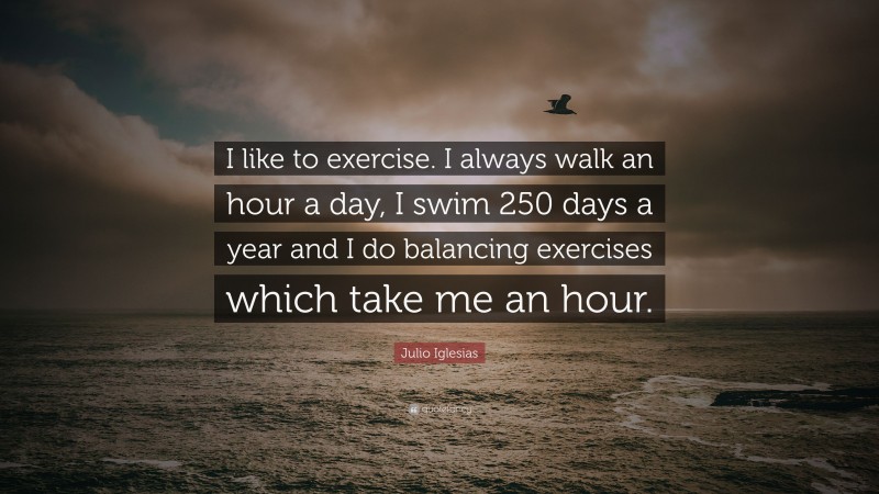 Julio Iglesias Quote: “I like to exercise. I always walk an hour a day, I swim 250 days a year and I do balancing exercises which take me an hour.”