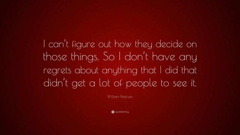 William Petersen Quote: “I can’t figure out how they decide on those things. So I don’t have any regrets about anything that I did that didn’t get a lot of people to see it.”