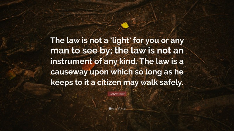 Robert Bolt Quote: “The law is not a ‘light’ for you or any man to see by; the law is not an instrument of any kind. The law is a causeway upon which so long as he keeps to it a citizen may walk safely.”