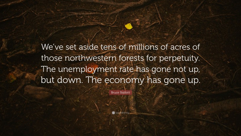 Bruce Babbitt Quote: “We’ve set aside tens of millions of acres of those northwestern forests for perpetuity. The unemployment rate has gone not up, but down. The economy has gone up.”