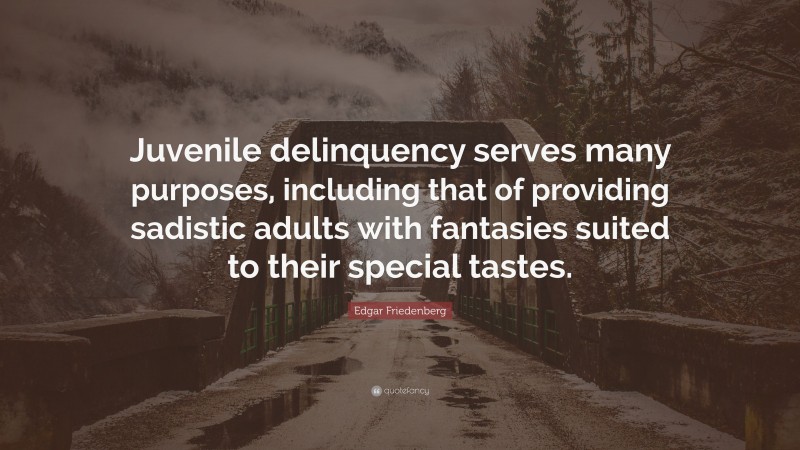 Edgar Friedenberg Quote: “Juvenile delinquency serves many purposes, including that of providing sadistic adults with fantasies suited to their special tastes.”